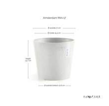 Grauer ECOPOTS Blumentopf Amsterdam Mini 17: Höhe 14,7 Zentimeter, Durchmesser 17 Zentimeter, Fassungsvermögen 2,25 Liter, Gewicht 0,4 Kilogramm.