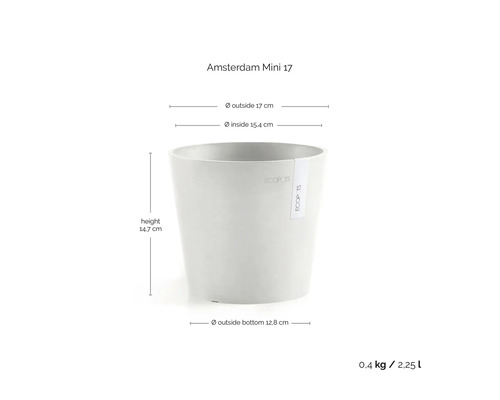Grauer ECOPOTS Blumentopf Amsterdam Mini 17: Höhe 14,7 Zentimeter, Durchmesser 17 Zentimeter, Fassungsvermögen 2,25 Liter, Gewicht 0,4 Kilogramm.