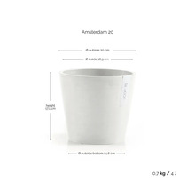 Blumentopf Ecopots Amsterdam 20: Außendurchmesser 20 Zentimeter, Innendurchmesser 18,5 Zentimeter, Höhe 17,1 Zentimeter, Volumen 4 Liter.