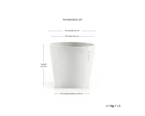 Blumentopf Ecopots Amsterdam 20: Außendurchmesser 20 Zentimeter, Innendurchmesser 18,5 Zentimeter, Höhe 17,1 Zentimeter, Volumen 4 Liter.