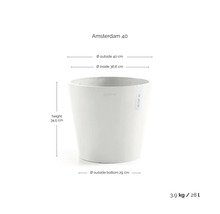 Ecopots Blumentopf Amsterdam 40: Durchmesser außen 40 Zentimeter, innen 36,6 Zentimeter, Höhe 34,5 Zentimeter, Volumen 28 Liter.