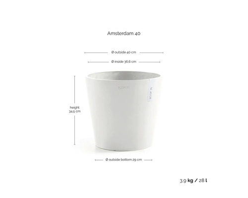 Ecopots Blumentopf Amsterdam 40: Durchmesser außen 40 Zentimeter, innen 36,6 Zentimeter, Höhe 34,5 Zentimeter, Volumen 28 Liter.
