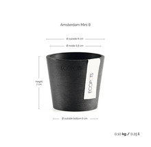 Schwarzer Ecopots Blumentopf Amsterdam Mini 8 mit Maßangaben: Durchmesser 8 Zentimeter, Höhe 7 Zentimeter, aus recyceltem Kunststoff.