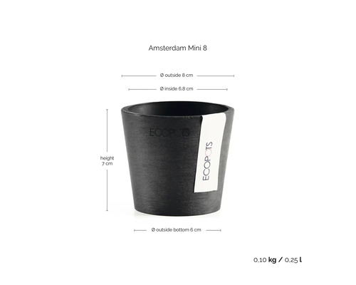 Schwarzer Ecopots Blumentopf Amsterdam Mini 8 mit Maßangaben: Durchmesser 8 Zentimeter, Höhe 7 Zentimeter, aus recyceltem Kunststoff.