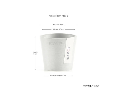 Ecopots Amsterdam Mini 8 Blumentopf: Höhe 7 Zentimeter, Außendurchmesser 8 Zentimeter, Innendurchmesser 6,8 Zentimeter, 0,10 Kilogramm, 0,25 Liter.