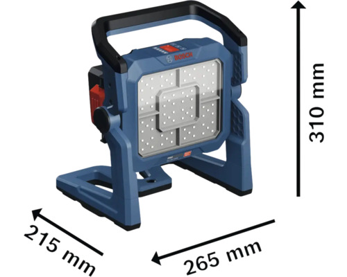 Bosch Akku Baustrahler mit den Massen 215 mm, 265 mm und 310 mm.