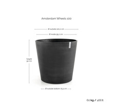 Blumentopf Amsterdam Wheels 100 mit Maßen: Höhe 90 Zentimeter, Außendurchmesser 100,2 Zentimeter, Bodendurchmesser 75,5 Zentimeter.