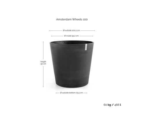 Blumentopf Amsterdam Wheels 100 mit Maßen: Höhe 90 Zentimeter, Außendurchmesser 100,2 Zentimeter, Bodendurchmesser 75,5 Zentimeter.