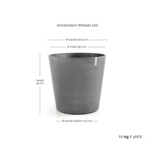 Pflanzkübel Amsterdam Wheels 100: Höhe 90 Zentimeter, Außendurchmesser 100,2 Zentimeter, Gewicht 60 Kilogramm, Volumen 466 Liter.