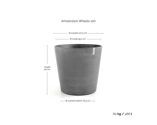 Pflanzkübel Amsterdam Wheels 100: Höhe 90 Zentimeter, Außendurchmesser 100,2 Zentimeter, Gewicht 60 Kilogramm, Volumen 466 Liter.