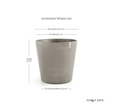 Grauer runder Ecopots Pflanzkübel Amsterdam Wheels 100: Höhe 90 Zentimeter, Durchmesser oben 100,2 Zentimeter, Volumen 466 Liter.