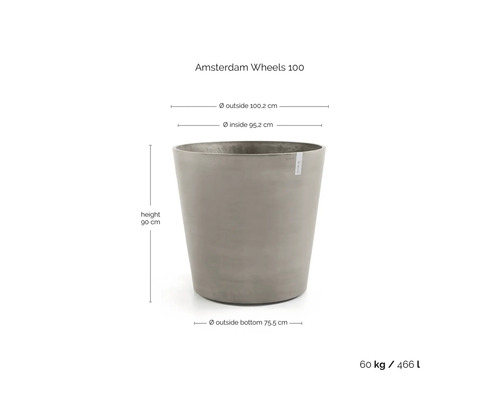 Grauer runder Ecopots Pflanzkübel Amsterdam Wheels 100: Höhe 90 Zentimeter, Durchmesser oben 100,2 Zentimeter, Volumen 466 Liter.