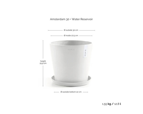 Blumentopf Ecopots Amsterdam 30 mit Untersetzer, Höhe 25,9 Zentimeter, Außendurchmesser 30 Zentimeter, Volumen 12,8 Liter.