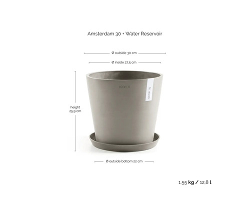 ECOPOTS Amsterdam 30 Blumentopf mit Wasserspeicher, Durchmesser 30 Zentimeter, Höhe 25,9 Zentimeter, Fassungsvermögen 12,8 Liter, Grau.