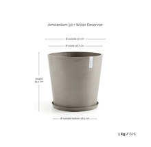 Ecopots Pflanzkübel Amsterdam 50 mit Wasserspeicher, Durchmesser 50 Zentimeter, Höhe 44,3 Zentimeter, Volumen 62 Liter, Gewicht 5 Kilogramm.