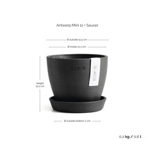 Ecopots Antwerp Mini 11 Blumentopf mit Untersetzer. Höhe 10,1 Zentimeter, Außendurchmesser 11,5 Zentimeter, Gewicht 0,2 Kilogramm, Volumen 0,6 Liter.
