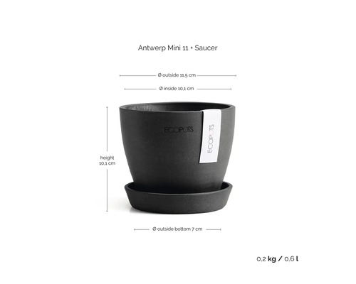 Ecopots Antwerp Mini 11 Blumentopf mit Untersetzer. Höhe 10,1 Zentimeter, Außendurchmesser 11,5 Zentimeter, Gewicht 0,2 Kilogramm, Volumen 0,6 Liter.