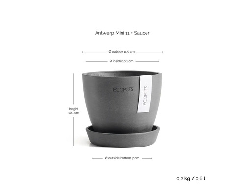 Ecopots Antwerp Mini 11 Blumentopf mit Untersetzer. Höhe 10,1 Zentimeter, Außendurchmesser 11,5 Zentimeter, Volumen 0,6 Liter. Ecopots Logo.