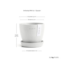 Ecopots Blumentopf Antwerp Mini 11 mit Untersetzer, Durchmesser außen 11,5 Zentimeter, Höhe 10,1 Zentimeter, Volumen 0,6 Liter.