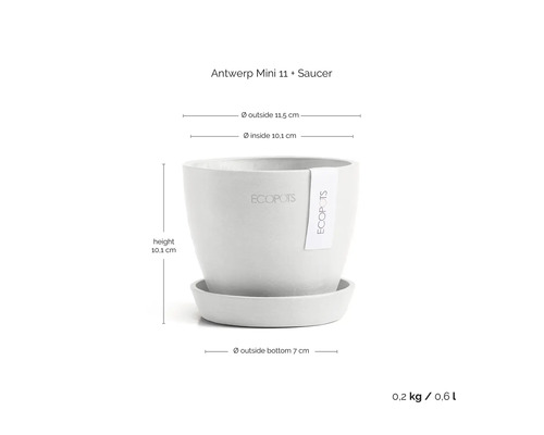Ecopots Blumentopf Antwerp Mini 11 mit Untersetzer, Durchmesser außen 11,5 Zentimeter, Höhe 10,1 Zentimeter, Volumen 0,6 Liter.
