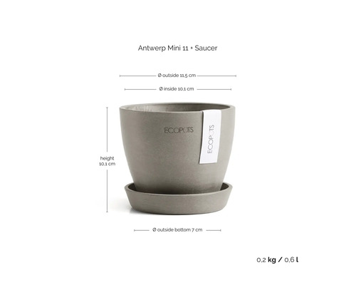 Ecopots Antwerp Mini 11 Pflanztopf mit Untersetzer, Höhe 10,1 Zentimeter, Durchmesser 11,5 Zentimeter.