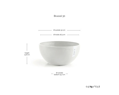 Ecopots Pflanzschale Brussel 30: Höhe 14.8 Zentimeter, Außendurchmesser 30 Zentimeter, Innendurchmesser 28.3 Zentimeter, Volumen 6.5 Liter.