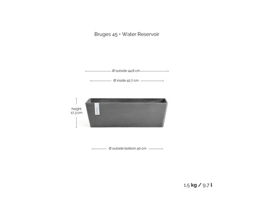 ECOPOTS Blumenkasten Bruges 45 mit Wasserreservoir. Höhe 17,3 Zentimeter, Außenmaß oben 44,8 Zentimeter, Innenmaß 42,7 Zentimeter.