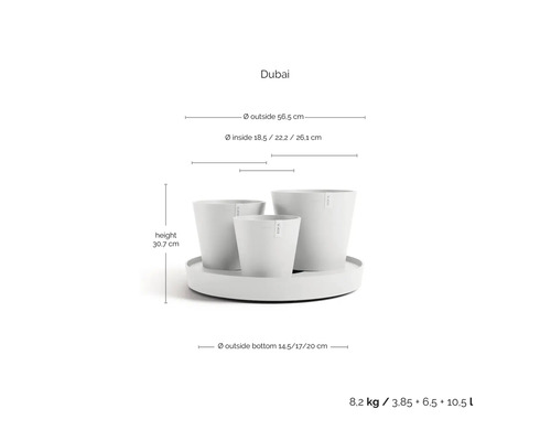 Pflanzgefäß-Set Dubai mit drei Töpfen und Untersetzer, Höhe 30,7 Zentimeter, Durchmesser 56,5 Zentimeter, Volumen 3,85 bis 10,5 Liter.
