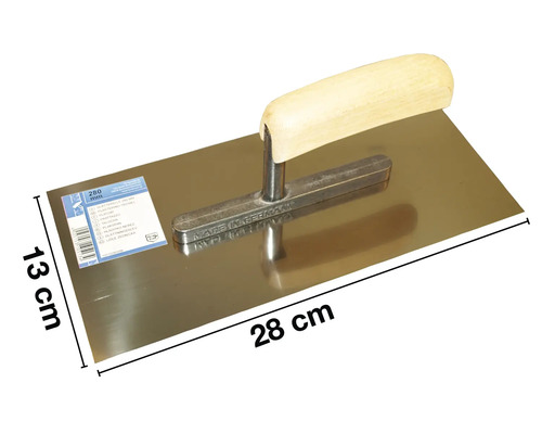 Glättkelle mit Holzgriff und einer Blattgröße von 28 x 13 cm.