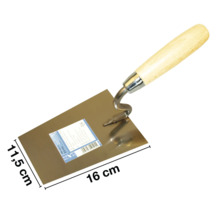 Gipserkelle mit Holzgriff und einer Größe von 11,5 x 16 cm.