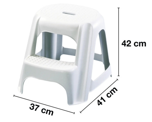 Weißer Tritthocker aus Kunststoff mit den Maßen 42 cm Höhe, 37 cm Breite und 41 cm Tiefe.