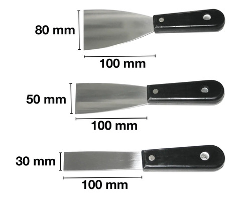 Drei Spachtel mit Kunststoffgriffen und unterschiedlichen Blattbreiten: 80 Millimeter, 50 Millimeter und 30 Millimeter.