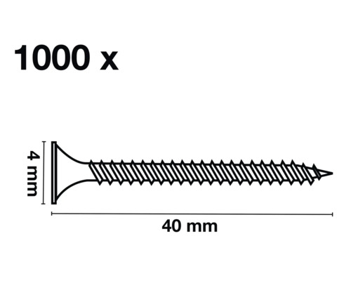 Illustration einer 40 Millimeter langen Schraube, 4 Millimeter Kopf, 1000 Stück