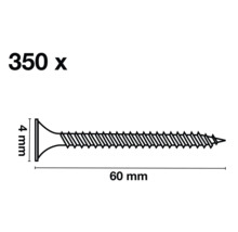 Technische Zeichnung einer Schraube mit den Maßen 4 mm und 60 mm, Packung mit 350 Stück
