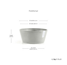 Pflanzschale Ecopots Frankfurt 40 mit Maßangaben: Höhe 17,8 Zentimeter, Außendurchmesser 41 Zentimeter und Volumen 16,4 Liter.