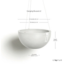 Abmessungen der Hängeampel Hanging Brussel 27 mit Durchmesser circa 27 Zentimeter, Höhe 12,8 Zentimeter, Gewicht 1,7 Kilogramm und 4,2 Liter Volumen.