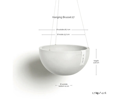 Abmessungen der Hängeampel Hanging Brussel 27 mit Durchmesser circa 27 Zentimeter, Höhe 12,8 Zentimeter, Gewicht 1,7 Kilogramm und 4,2 Liter Volumen.