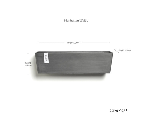 ECOPOTS Wand-Blumenkasten Manhattan Wall L, 55 mal 15,3 mal 17,2 Zentimeter, Fassungsvermögen 9,2 Liter, Gewicht 3,3 Kilogramm.