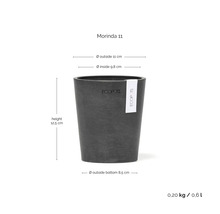 Ecopots Morinda 11 Blumentopf mit Maßen: Höhe 12,5 Zentimeter, Außendurchmesser 11 Zentimeter, Innendurchmesser 9,8 Zentimeter, Volumen 0,6 Liter.