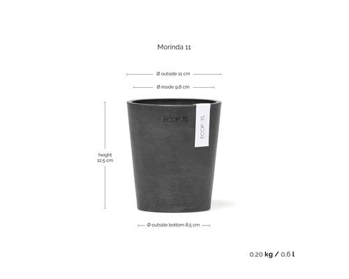 Ecopots Morinda 11 Blumentopf mit Maßen: Höhe 12,5 Zentimeter, Außendurchmesser 11 Zentimeter, Innendurchmesser 9,8 Zentimeter, Volumen 0,6 Liter.