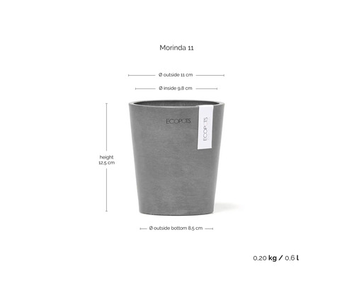 Ecopots Blumentopf Morinda 11, Höhe 12,5 Zentimeter, Außendurchmesser 11 Zentimeter, Volumen 0,6 Liter, Gewicht 0,20 Kilogramm.