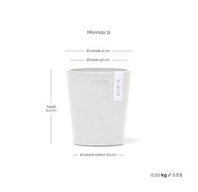 Ecopots Morinda 11 Blumentopf mit Maßen: Höhe 12,5 Zentimeter, Außendurchmesser 11 Zentimeter, Innendurchmesser 9,8 Zentimeter, Volumen 0,6 Liter.
