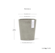 ECOPOTS Blumentopf Morinda 11 in Grau: Höhe 12,5 Zentimeter, Außendurchmesser 11 Zentimeter, Innendurchmesser 9,8 Zentimeter.