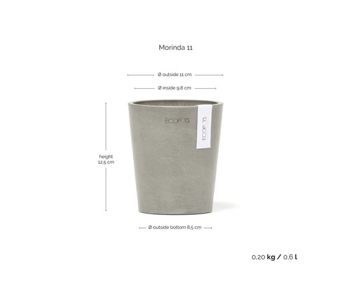 ECOPOTS Blumentopf Morinda 11 in Grau: Höhe 12,5 Zentimeter, Außendurchmesser 11 Zentimeter, Innendurchmesser 9,8 Zentimeter.