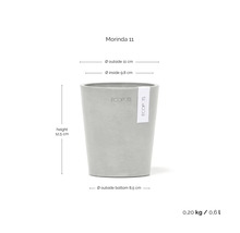 Ecopots Blumentopf Morinda 11 mit Massangaben: Höhe 12,5 Zentimeter, Durchmesser 11 Zentimeter, Volumen 0,6 Liter.