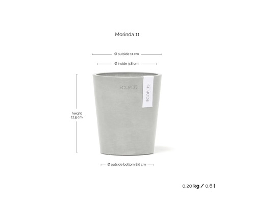 Ecopots Blumentopf Morinda 11 mit Massangaben: Höhe 12,5 Zentimeter, Durchmesser 11 Zentimeter, Volumen 0,6 Liter.