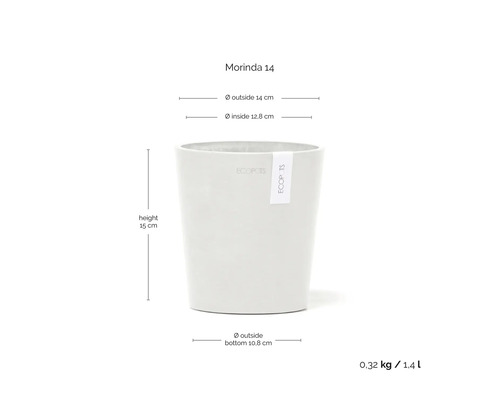 Ecopots Blumentopf Morinda 14 aus Kunststoff: Höhe 15 Zentimeter, Außendurchmesser 14 Zentimeter, Volumen 1,4 Liter, Gewicht 0,32 Kilogramm.
