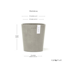 Blumentopf Ecopots Morinda 14 mit Maßen: Höhe 15 Zentimeter, Außendurchmesser 14 Zentimeter, Volumen 1,4 Liter, Ecopots Logo.
