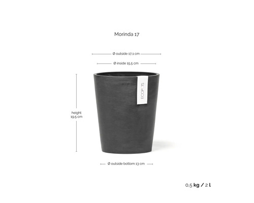 Ecopots Morinda 17 Blumentopf: Höhe 19,5 Zentimeter, Außendurchmesser 17,1 Zentimeter, Innendurchmesser 15,5 Zentimeter, 2 Liter.