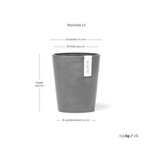 Ecopots Blumentopf Morinda 17 mit Maßen: Höhe 19,5 Zentimeter, Außendurchmesser 17,1 Zentimeter, Volumen 2 Liter.